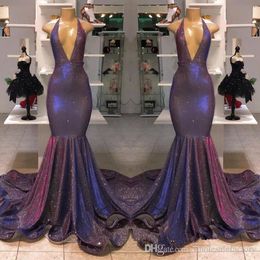 Sexy Purple Deep V Neck Sequins Mermaid Prom Dresses Ruffles Floor Length Sweep Train Plus Size Evening Gowns robe de soiree formal dresses