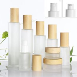Frosted Glass Bottle Cream Jar with Imitated Wood Lids Cap Lotion Spray Pump Bottles Cosmetic Container Jars 30ml 40ml 50ml 60ml 80ml 100ml 120ml