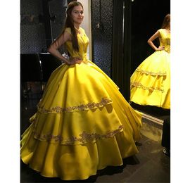 Morder Yellow Satin Prom Dresses Ball Gowns Sqaure Short Sleeve Beading Crystal Backless Sweet 16 Vestidos De Quinceanera Dress Evening Gown