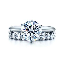 Sterling Silver Rings Set Prongs Solitaire Engagement Ring with 0.7ct 7 Stones Wedding Band NSCD Diamond Rings Set for Women Platinum Plated