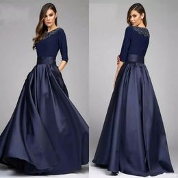 Vintage Navy A Line Mother of the Bride Groom Dresses With Half Sleeves Beaded Long Evening Formal Gowns Custom Made Mother's2500