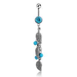 Wasit Belly Dance Long Leaf Crystal Body Jewellery Stainless Steel Rhinestone Navel & Bell Button Piercing Dangle Rings for Women