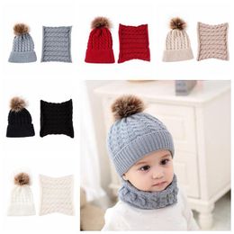 5 Colors Baby Cap Scarf Set Toddler Winter Warm Fur Ball Hats O Ring Scarves Kids Beanies Neck Set Party Hats CCA10883 50set