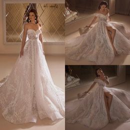 Elegant Wedding Dresses Off-Shoulder Tulle Beading Illusion Wedding Dress Split Weep Length Custom Made Backless Sexy Robes De Mariée