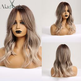 ALAN EATON Synthetic Hair Wig Ombre Brown Light Ash Blonde Medium Wave Wig for Black Women Heat Resistant Fiber Daily False Hair