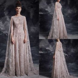 BlingBling 2020 Prom Dresses With Cap Long Sleeve Beading Lace Appliqued Evening Gowns Vestidos De Soiree A Line Party Gowns