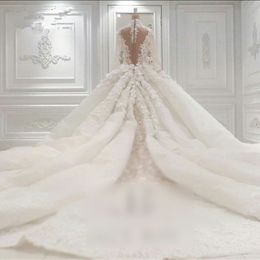 -Vintage alta Neck ver através Bola vestidos de casamento Vestido de Luxo Lace Appliqued Plus Size Dubai Vestido de Noiva Com Catedral Trem