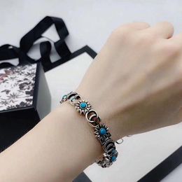 S925 Silver Flower Bracelet Vintage Sterling Silver Inlaid Stone Daisy Bracelet Men and Women Hip Hop Sterling Silver Belt Buckle Bracelet