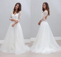 long gown for wedding reception UK - Sexy V neck Cheap Wedding Dresses Illusion Half Sleeves Lace Keyhole Back Tulle Ruched Long Wedding Reception Dress Bridal Gown