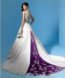 Plus Size White and Purple Wedding Dresses Long A Line Empire Waist V-Neck Beads Appliques Satin Sweep Train Bridal Gowns Custom M222O