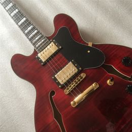 Jazz Electric Guitar, Semi Hollow Body Archtop Guitar, Flamed Maple Top Transparent Red Color, High quality Guitarra!free shipping guitars