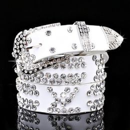 Ins fashion luxury sparkling diamond zircon letter genuine leather designer belt for female women girls 113cm 125cm needle buckle
