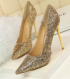 Hot Sale-w style sexy Lady Nude Sequined crystal shoespoint toe high heels shoes boots pumps 9.5cm genuine Sequins wedding shoes