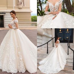 2019 Long Sleeves Wedding Dress New A Line Lace Appliques Modern Chapel Train Backless Bridal Gown Plus Size Custom Made Vestido De noiva