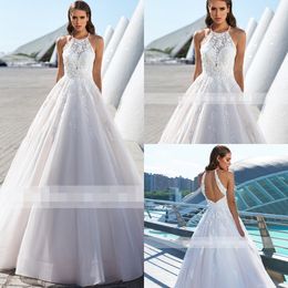 Dreaming Halter Princess Wedding Dresses Empire Waist 2020 Flower Lace Applique Beads Open Back beach wedding dress robes de mariée