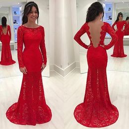 Plus Size Red Mermaid Evening Dresses Lace Jewel Neck Long Sleeve Formal Women Prom Gowns Vestidos De Novia