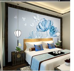 Custom Wallpaper 3D Flock Of White Butterflies Blue Dreamy Flowers Living Room Bedroom Background Wall Decoration Mural Wallpaper