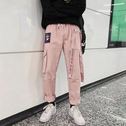 2019 Straight cylinder Harem Pink Pants Mens Casual Joggers Baggy RIbbon Tactical Trousers Harajuku Streetwear Hip Hop Pants MenMX190902
