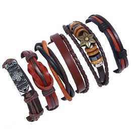 6pcs/lot Punk Braided Bracelets Multilayer Genuine Leather Vintage Charms DIY Fashion Trend Wrap Jewellery Wristband Bangle for Men Women Gift