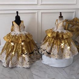 Cheap Gold Sequined Ball Gown Pageant Dresses Deep V Neck Lace Ruffles Bow Toddlers Flower Girls Dress First Communion Gowns