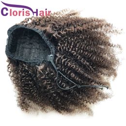 Afro Kinky Curly Ponytails Malaysian Virgin Human Hair Extensions Clip Ins #2 Darkest Brown Drawstring Ponytail Hairpiece For African American Women
