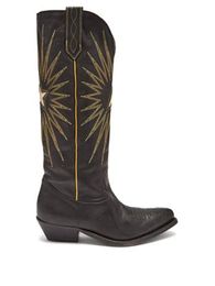 Hot Sale-Ladies Retro Style Chunky Heels Knee High Boots Brown Electric Embroidery Leather Long Riding Boots Autumn Winter Shoes Woman