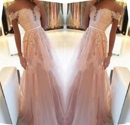 Sexy Prom Blush Pink Off Shoulder Lace Appliques Tulle Cap Sleeves Party Gowns Custom A Line Empire Evening Dresses