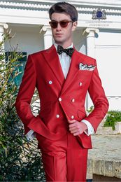 Brand New Red Men Wedding Tuxedos Double-Breasted Groom Tuxedos Fashion Men Blazer 2 Piece Suit Prom/Dinner Jacket(Jacket+Pants+Tie) 88