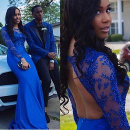 Royal Blue African Mermaid Prom Long Sleeve Beads Chiffon Sheer Black Girl Pageant Gowns Formal Evening Dresses Robe De Soire