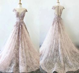 Dreaming Pink Lace Pearls Embroidery Dresses Evening Wear 2020 Bateau Cap Sleeve Empire Waist Draped Evening Gowns Party Formal Prom Dress