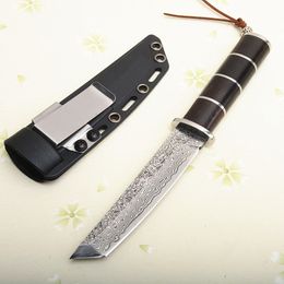 Top Quality VG10 Damascus Steel Knife Tanto Blade Ebony Handle Outdoor Survival Straight Knives With Kydex
