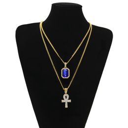 Egyptian Ankh Key of Life Bling Rhinestone Cross Pendant With Red Ruby Pendant Necklace Set Men Hip Hop Jewellery Free Shipping