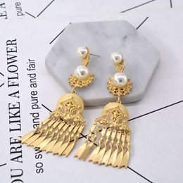 Fashion- Pearl Drop earrings for women Vintage Jewelry Matte Gold Carving Dangle Earrings Chain Tassel pendant Earrings