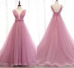 2020 Cheap Pink Tulle dresses evening wear Pleated Ruffle Plunging V-neck Lace-up Prom Dress Vestidos De Novia Party Bridesmaid robes de