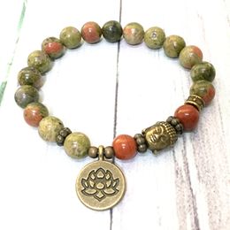 MG0578 Natural 8 mm Unakite Lotus Mala Yoga Bracelet Buddha Head Red Jaspers Bracelet Best Gift Jewelry for Him/Her