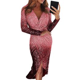 Women Fashion Party Dresses Sexy Deep V Neck Shiny Sequins Wrap Ruched Long Sleeve Club Dresses Irregular Slim Dress Luxury