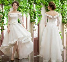 Vintage Style High Low Wedding Dresses 2019 Off Shoulder Half Sleeve Flower Belt Lace Organza Short Frong Long Back Bridal Gowns Custom