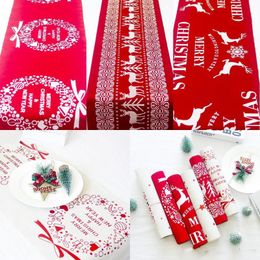 Christmas Cotton Tablecloth Snowflake Elk Printed Tablecloth Red White Cartoon Table Runner Xmas Household Desktop Decoration XD22350