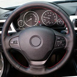 Hand sewing custom Black Leather Red Blue thread Car Steering Wheel Cover for BMW F30 316i 320i 328i