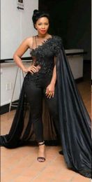 2018 Sexy Black Sheer Illusion Jumpsuits Dresses Evening Wear Africa Arabic Lace Appliqued Beaded Prom Gowns Plus Size Formal Dress