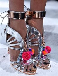 Hot Sale- Summer New Gladiator Sandals Sexy Fashion Peep Toe Zipper High Heels Shoes Woman Ankle Strap Fur Ball High Heels Ladies Sandals