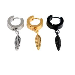 Unisex Vintage Leaf Dangle Hoop Earrings Stainless Steel Men Punk Earrings Jewelry Gold Black Silver