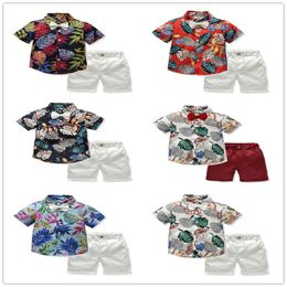 2020 Baby Clothes Hawaii Style Baby Boy Gentleman Suit Floral Leaf Print Short Sleeve Bow Tie Shirt+Short Pants 2PCS Summer Set For 2-6Y