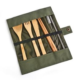 Wooden Cutlery Set Tableware Bamboo Teaspoon Fork Soup Knife Chopsticks Party Dinnerware Portable with Bag