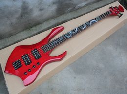 Factory Custom Red Unusual Shape 4 Strings Electric Bass Guitar with Black Hardwares,Abalone Snake Fret Inlay,HH Pickups,Offer Customized