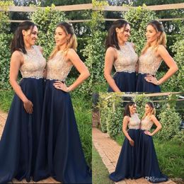 2020 Sparkly Cheap Bridesmaid Dresses Navy Blue Sheer Neck Sexy Major Beading Floor Length Formal Wedding Guest Party Prom Evening Gowns