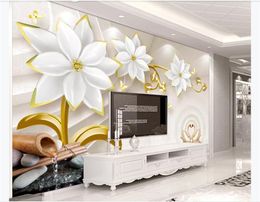 Customized 3d silk photo murals wallpaper HD 3d luxury golden jewels flowers embossed TV background wall painting decoration