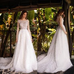 2020 A Line Wedding Dresses Deep V Neck Long Sleeve Beads Hand Made Flowers Tulle Wedding Gowns Sweep Train Vestidos De Novia