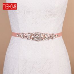 TIESHOME BS426 Wedding Sashes women belt rhinestone trim applique bridal belt blush pink belts ribbon with unique