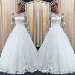 2019 Vintage White Wedding Dress A Line Off Shoulders With Lace Applique Long Sleeves Country Garden Bridal Gown Custom Made Plus Size